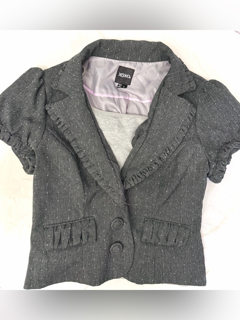 XOXO Dark Gray Tweed Short-Sleeve Ruffle Blazer + free Express heather gray cami